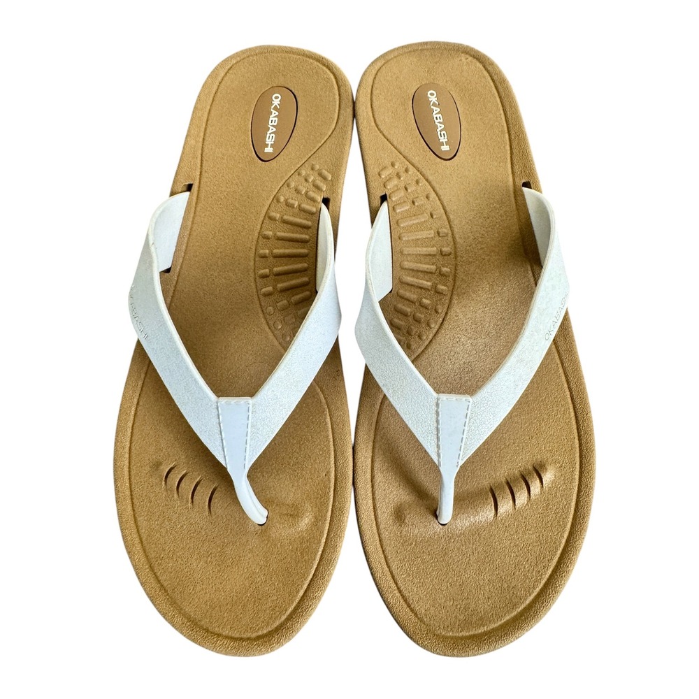 Okabashi Womens Flip Flop Sandals White Tan Arch Support Comfort Size L 9.5-10.5